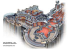 Senator Palpatine's Quarters. Published in The Complete Star Wars locations, 2005. This was drawn up using Lucasfilm's blueprints and reference shots of the set. Kerrie Dougherty (the author) and John Kelly (the series' art editor) then helped me to devise the content of the unseen back rooms. In drawing up Palpatine's en-suite facilities, I had to take the unusual decision of considering whether the soon-to-be Emperor, the single most evil character in cinema history, was a hot-tub or a power-shower kind of guy...